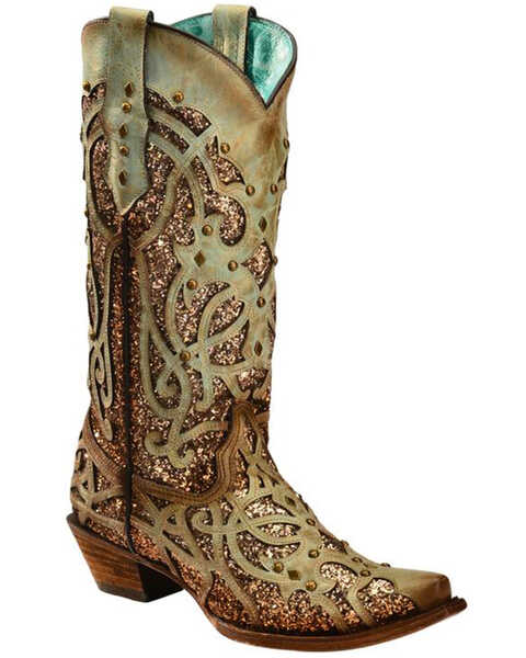 Image #1 - Corral Women's Mint Glitter Inlay Western Boots - Snip Toe , Green, hi-res