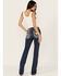 Image #1 - Miss Me Women's Dark Wash Mid Rise Floral Longhorn Pocket Bootcut Stretch Denim Jeans, , hi-res