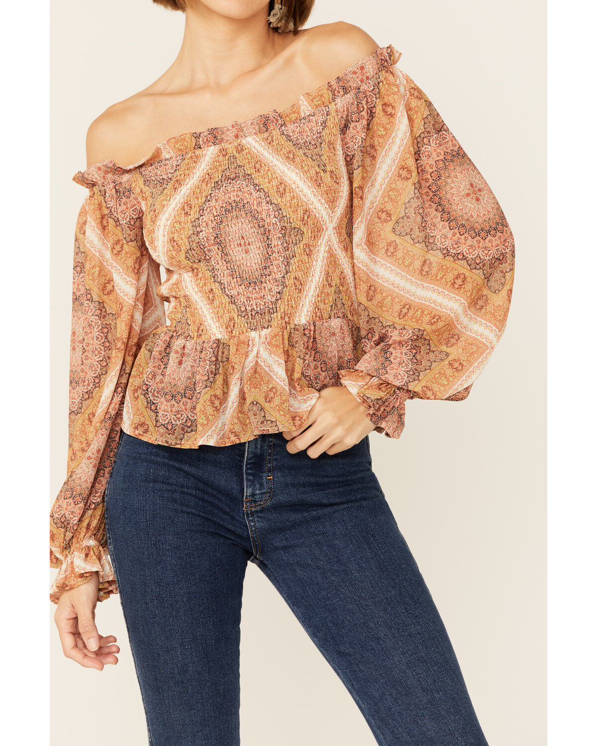 Image #2 - Flying Tomato Women's Boho Print Cold Shoulder Top, Brown, hi-res