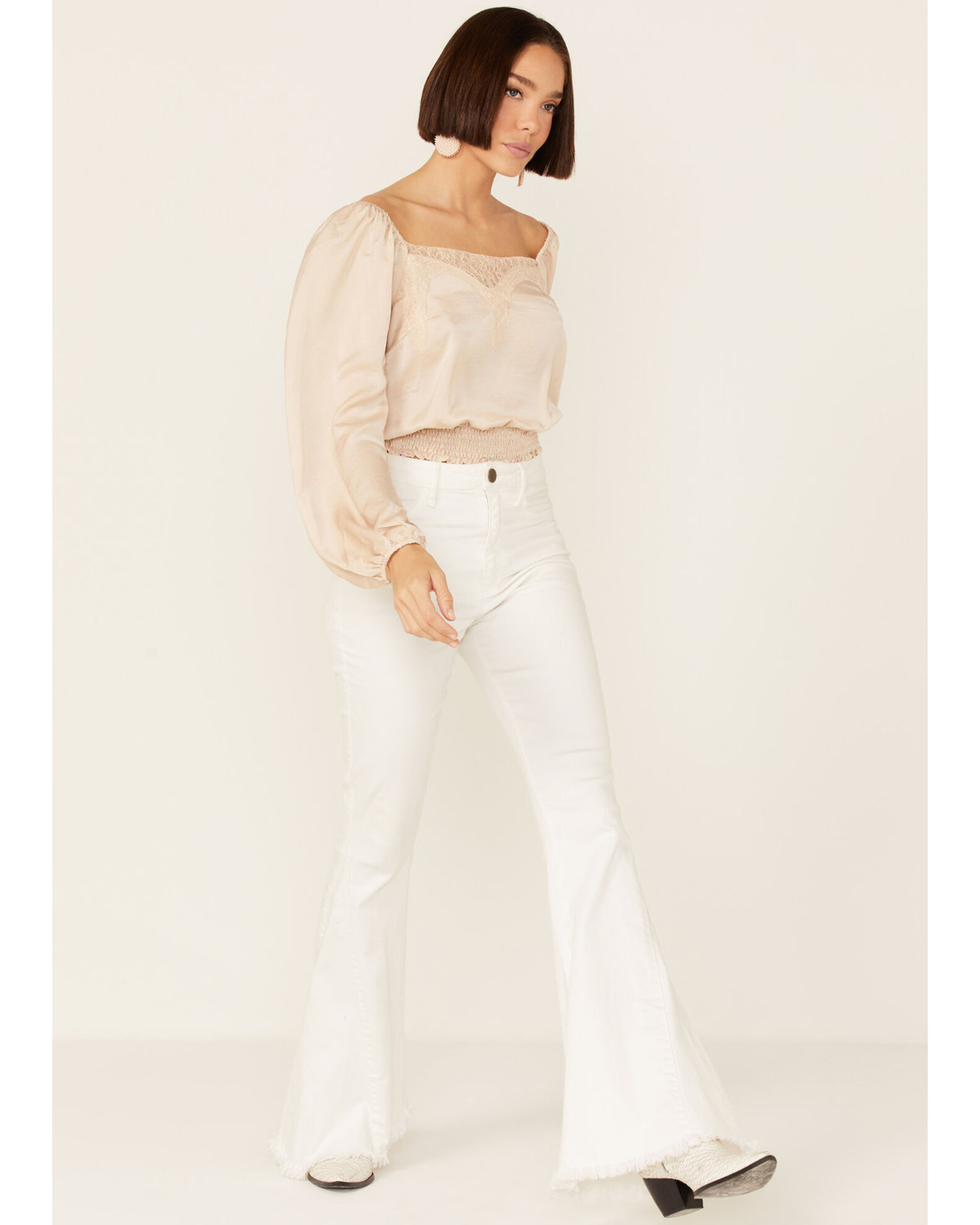 Image #5 - Lush Women's Lace Detail Puff Sleeve Top, Beige/khaki, hi-res