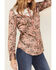 Scully Women's Satin Paisley Print Long Sleeve Fringe Western Shirt , Brown, hi-res
