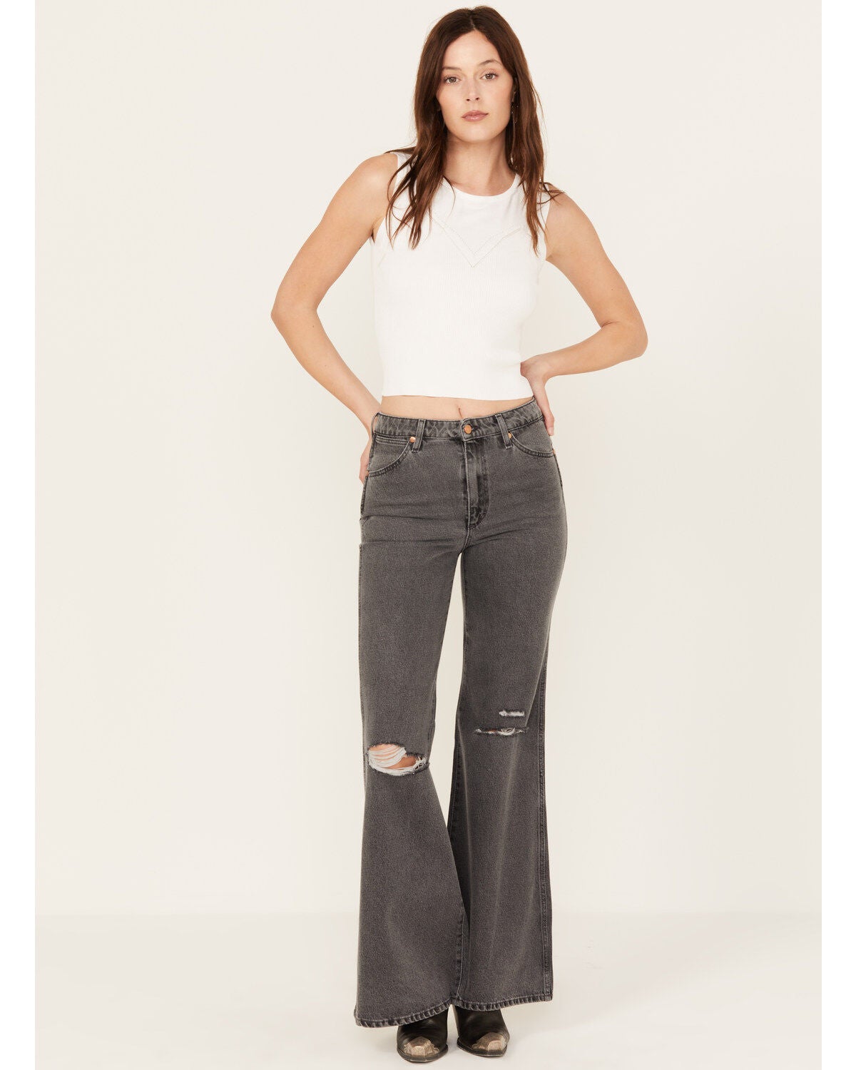 Wrangler Women's Heart Patch Wanderer Flare Jeans, Black, hi-res