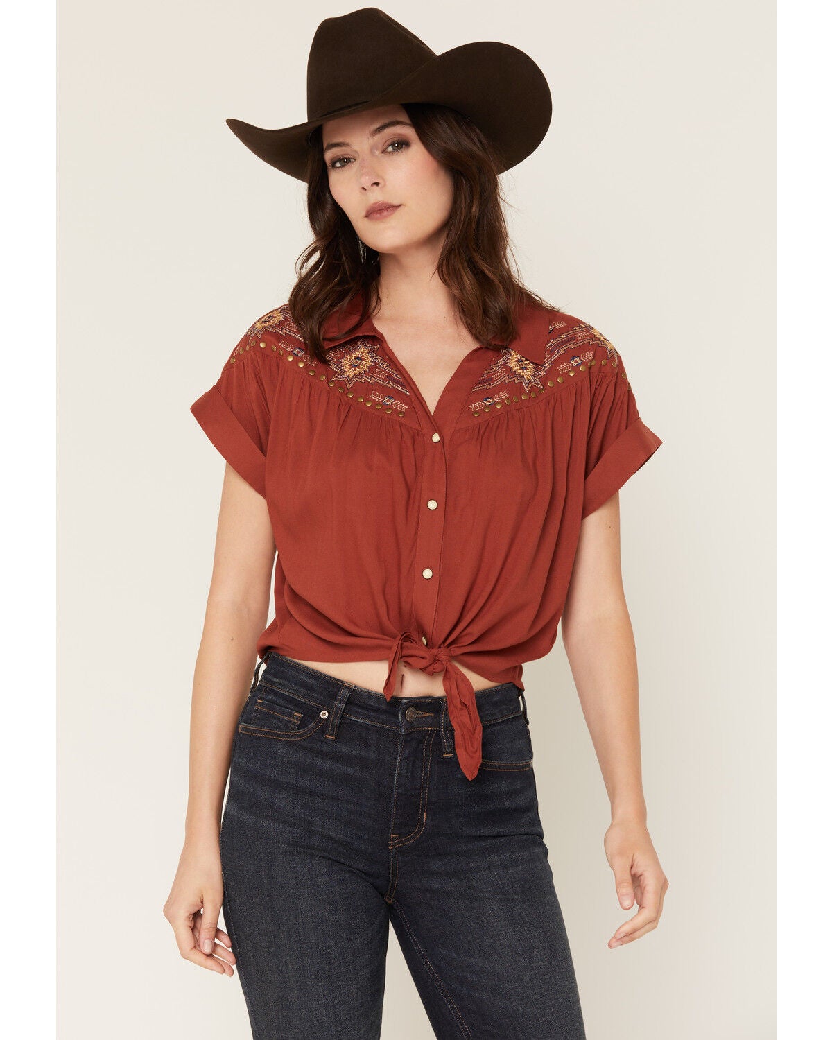 Image #1 - Shyanne Women's Embroidered Short Sleeve Snap Tie-Front Shirt, Chilli, hi-res