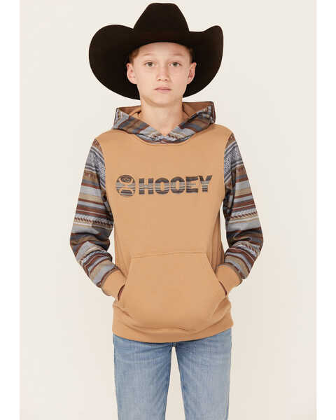 Hooey Boys' Striped Print Logo Hooded Sweatshirt , Brown, hi-res