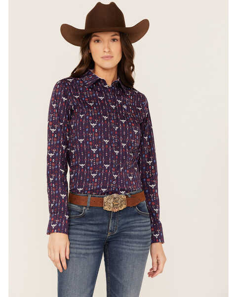 Ariat Women's R.E.A.L. Southwestern Print Long Sleeve Kirby Stretch Button-Down Shirt , Navy, hi-res