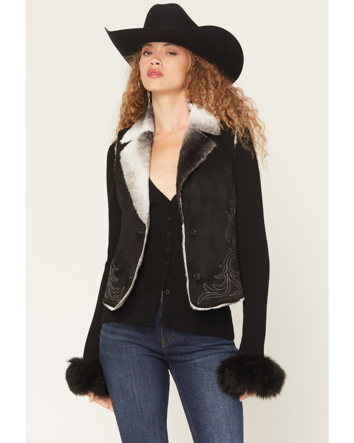 Image #1 - Panhandle Slim Women's Microsuede Embroidered Button-Down Vest, Black, hi-res