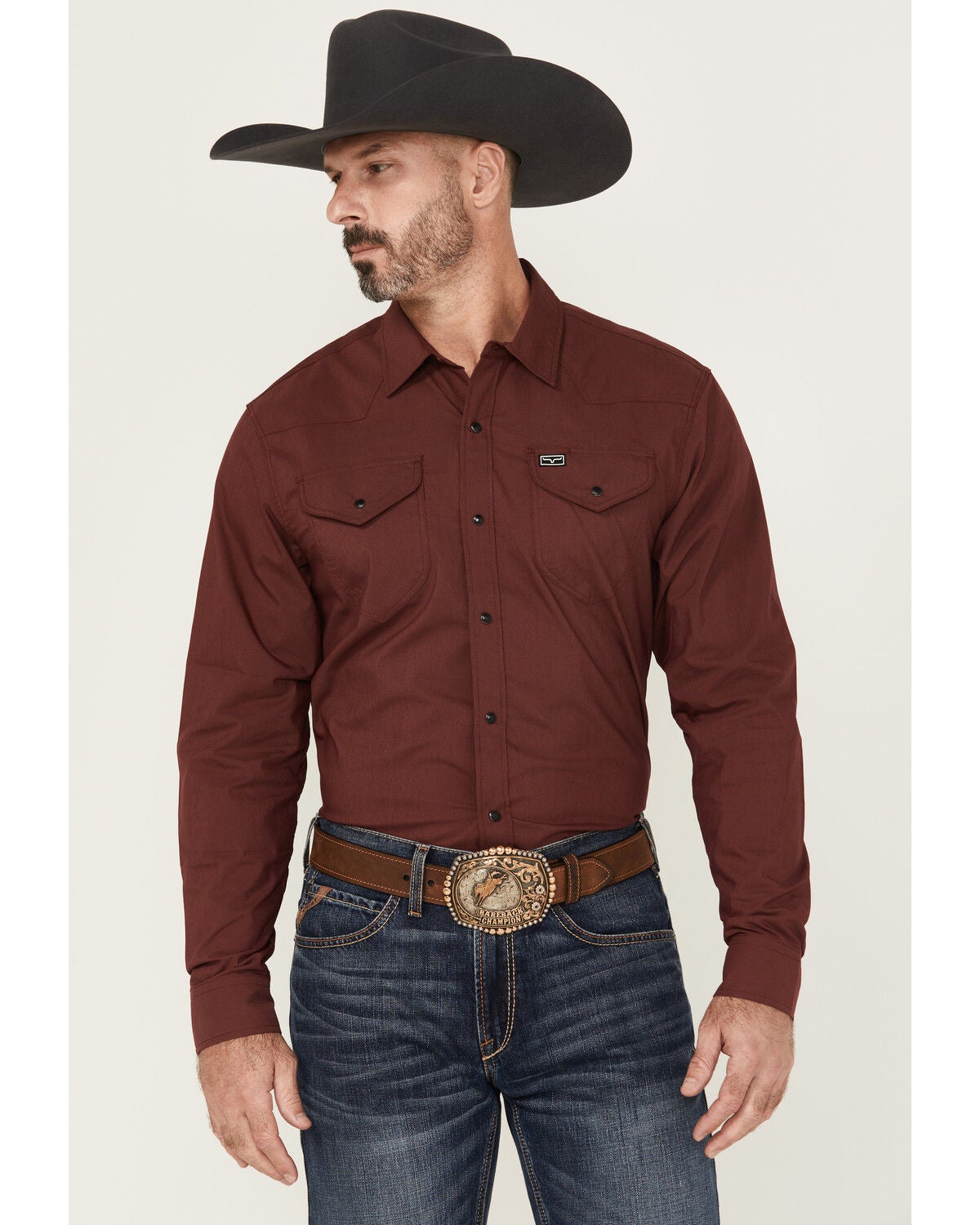 Kimes Ranch Men's Blackout Long Sleeve Snap Performance Shirt, Burgundy, hi-res