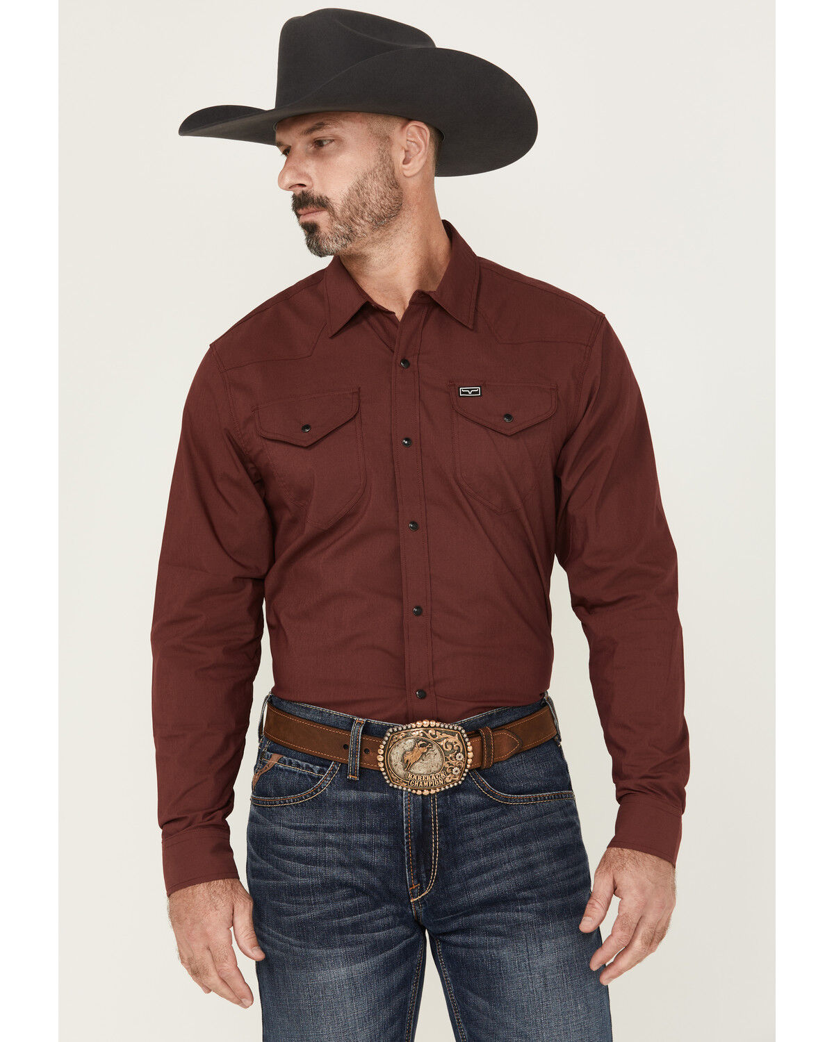 Image #1 - Kimes Ranch Men's Blackout Long Sleeve Snap Performance Shirt, Burgundy, hi-res