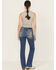 Image #1 - Miss Me Women's Medium Wash Mid Rise Fleur de Lis Pocket 32" Bootcut Stretch Denim Jeans, Medium Wash, hi-res