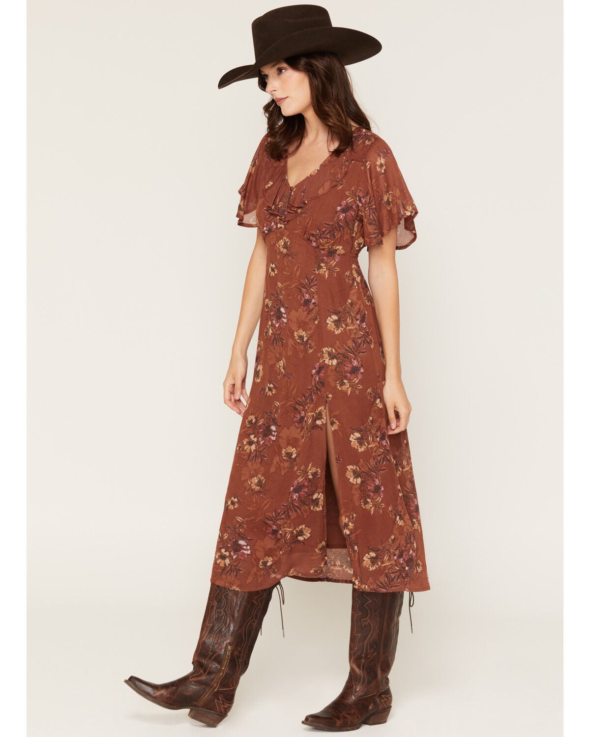 Image #1 - Shyanne Women's Renee Floral Print Short Sleeve Midi Dress, Bark, hi-res