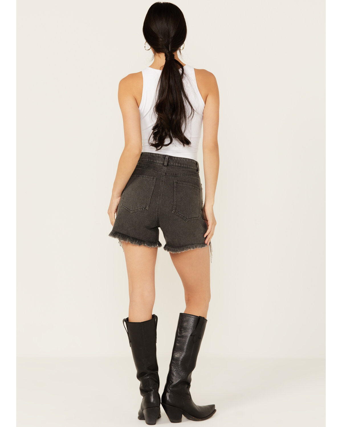Image #3 - Blue B Women's High Rise Rhinestone Side Chain Fringe Denim Shorts, Charcoal, hi-res