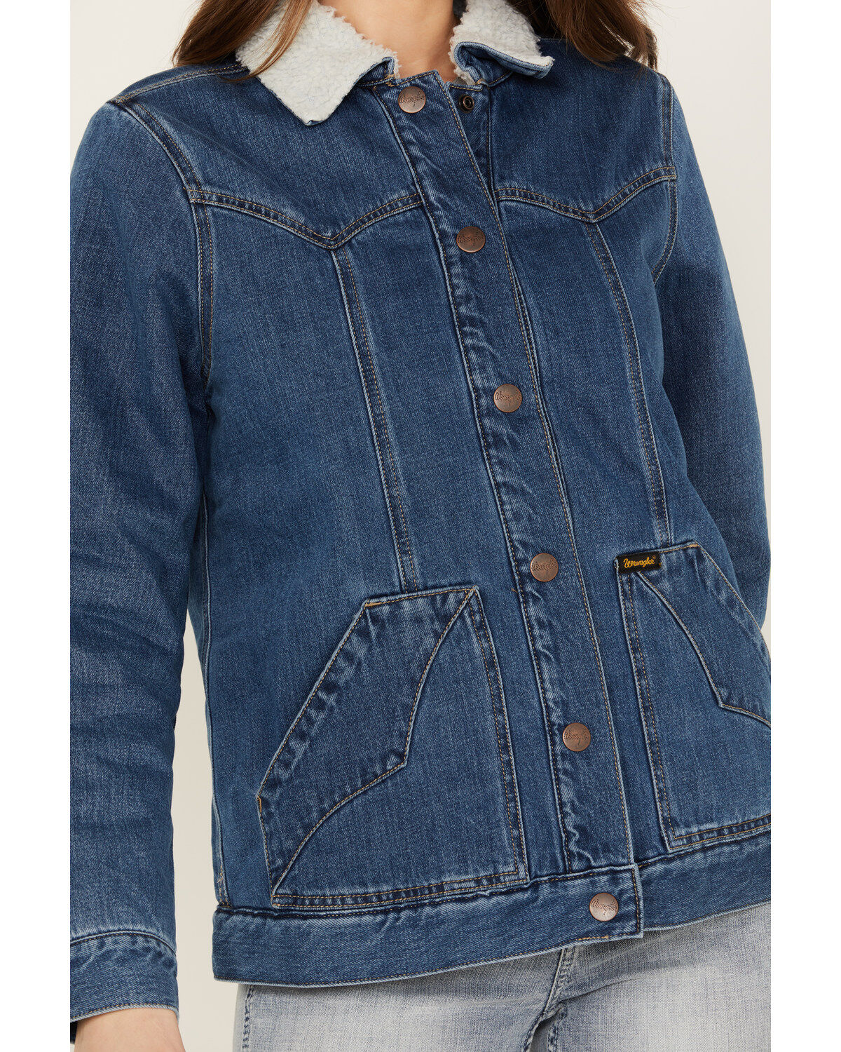 Image #3 - Wrangler Women's Medium Wash Denim Sherpa Lined Barn Coat, Medium Wash, hi-res