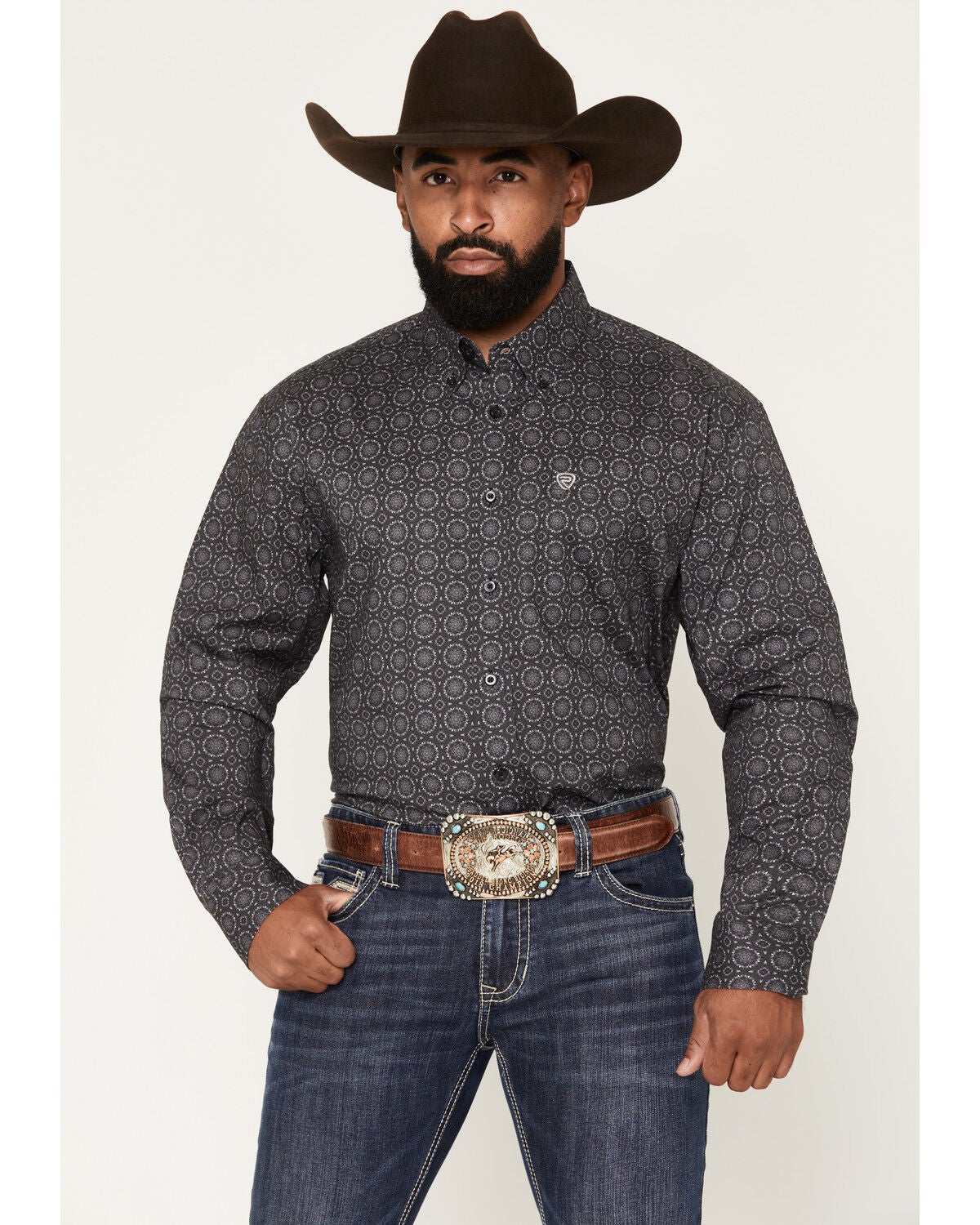Image #1 - Rock & Roll Denim Men's Medallion Print Long Sleeve Button-Down Stretch Western Shirt, Black, hi-res