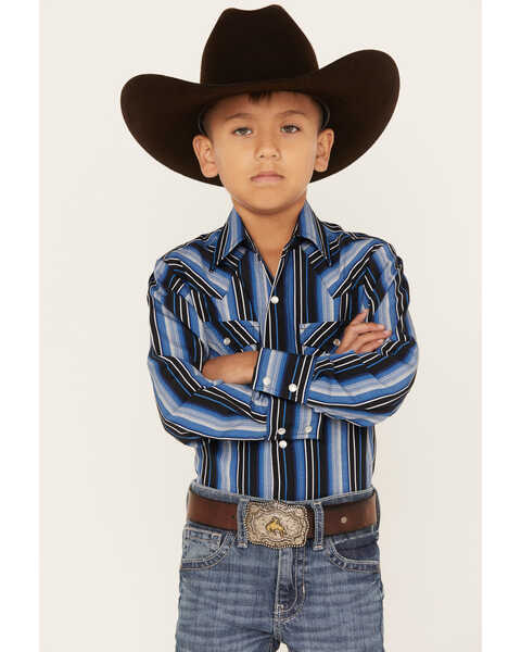 Image #1 - Ely Walker Boys' Striped Long Sleeve Pearl Snap Western Shirt, Blue, hi-res