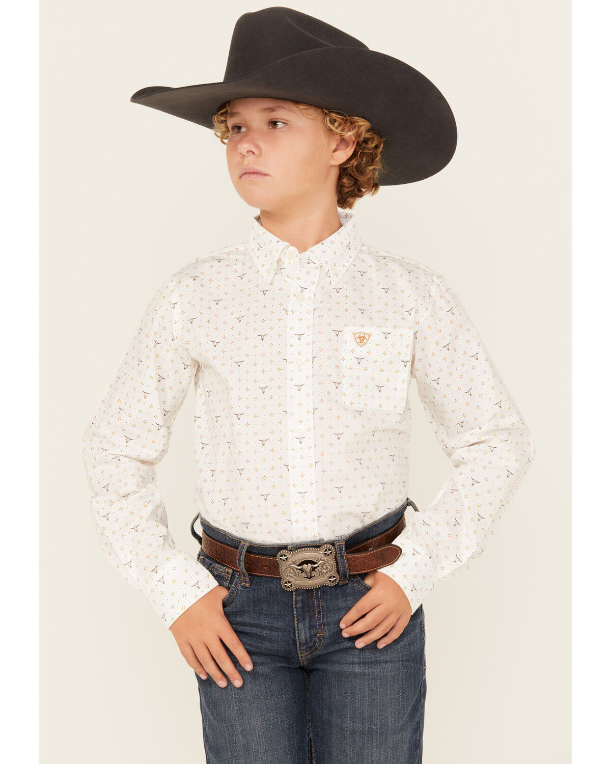 Image #1 - Ariat Boys' Steer Print Long Sleeve Button-Down Western Shirt, , hi-res