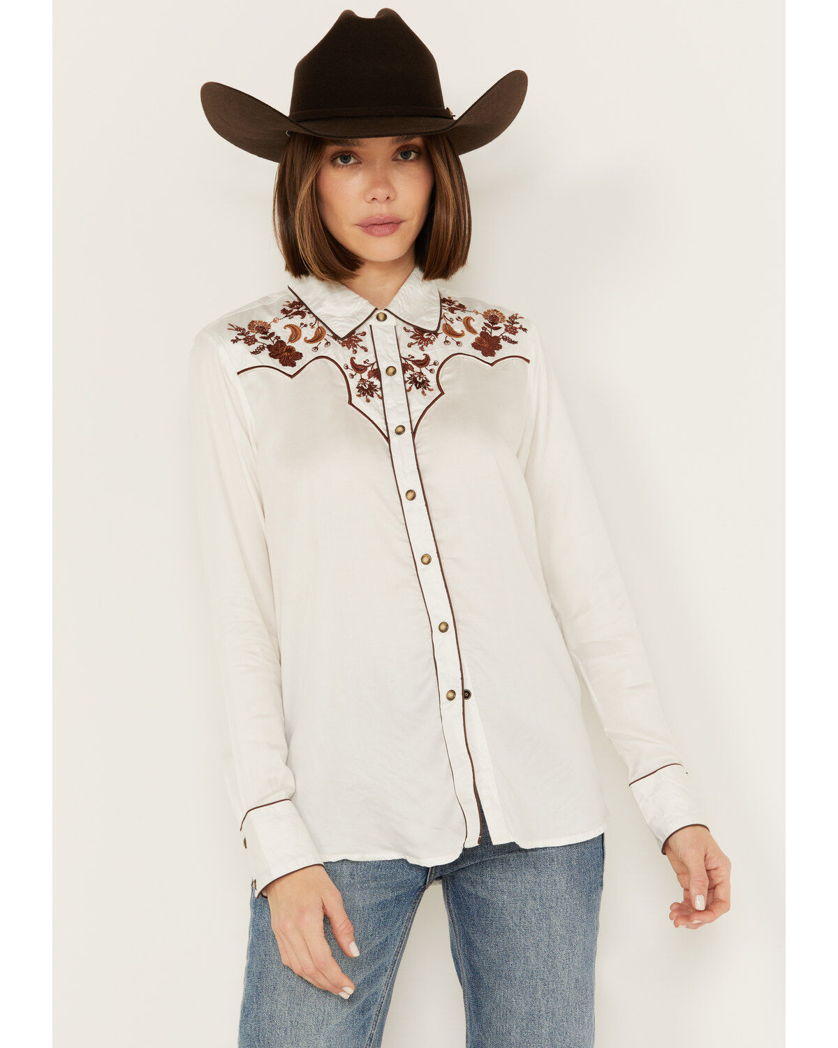Image #1 - Ariat Women's Elsa Floral Embroidered Long Sleeve Snap Western Shirt, White, hi-res