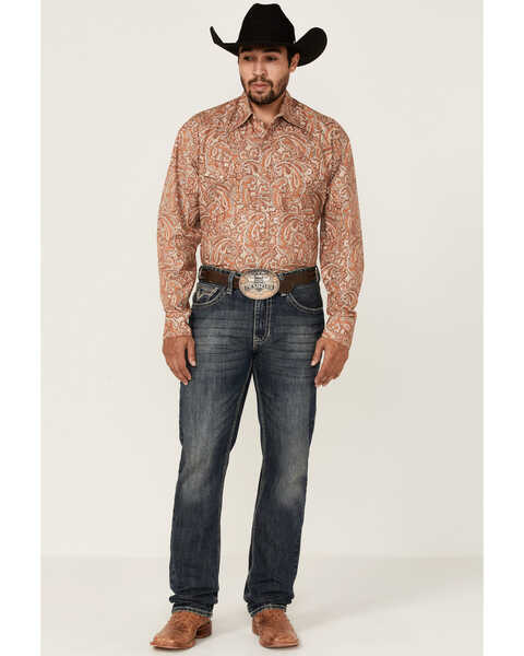 Stetson Men's Dusty Trail Paisley Print Long Sleeve Snap Western Shirt , Orange, hi-res
