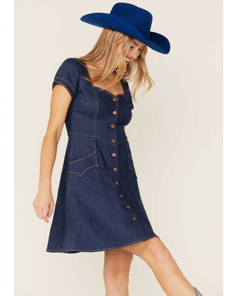 Unique Vintage Women's Denim Always Happening Fit & Flare Dress, Blue, hi-res