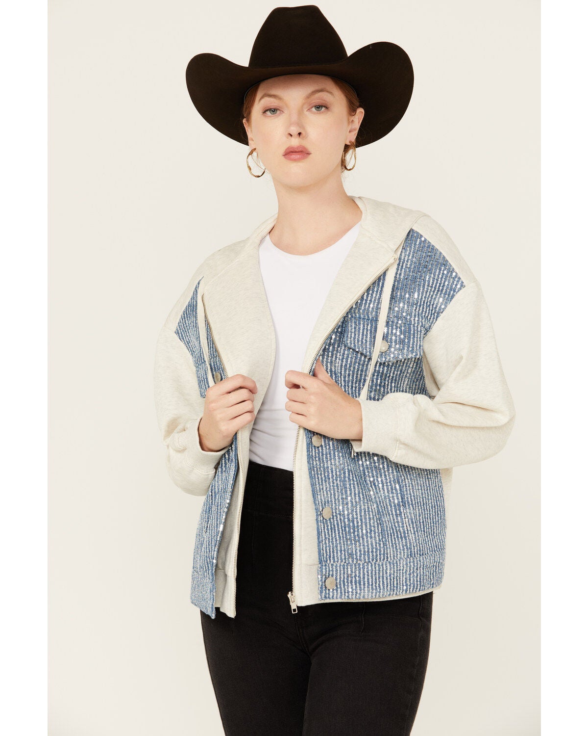 Miss Me Women's Denim Sequins Zip-Up Hoodie, Oatmeal, hi-res