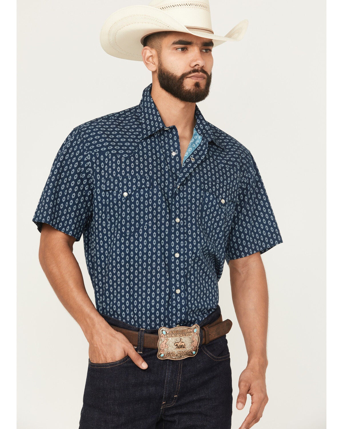 Roper Men's West Made Geo Print Short Sleeve Pearl Snap Western Shirt, Blue, hi-res