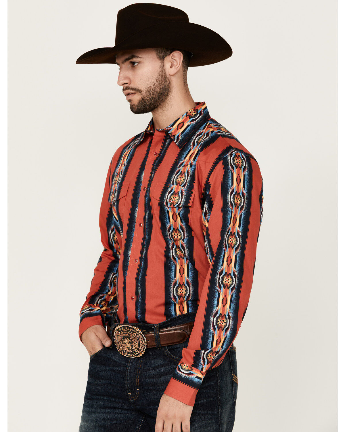 Image #2 - Wrangler Men's Checotah Southwestern Striped Print Long Sleeve Pearl Snap Western Shirt, Red, hi-res