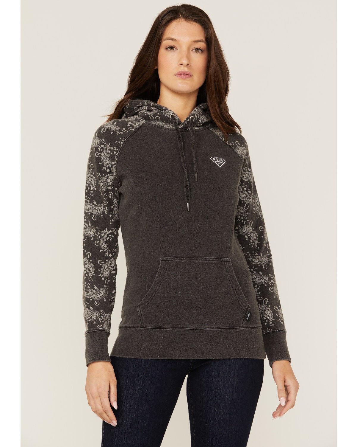 Hooey Women's Rope Like A Girl Bandana Print Pullover Hoodie Sweatshirt, Charcoal, hi-res