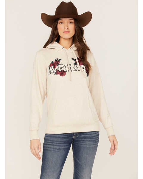 Ariat Women's R.E.A.L Oatmeal & Rose Embroidered Logo Pullover Sweatshirt Hoodie, Oatmeal, hi-res