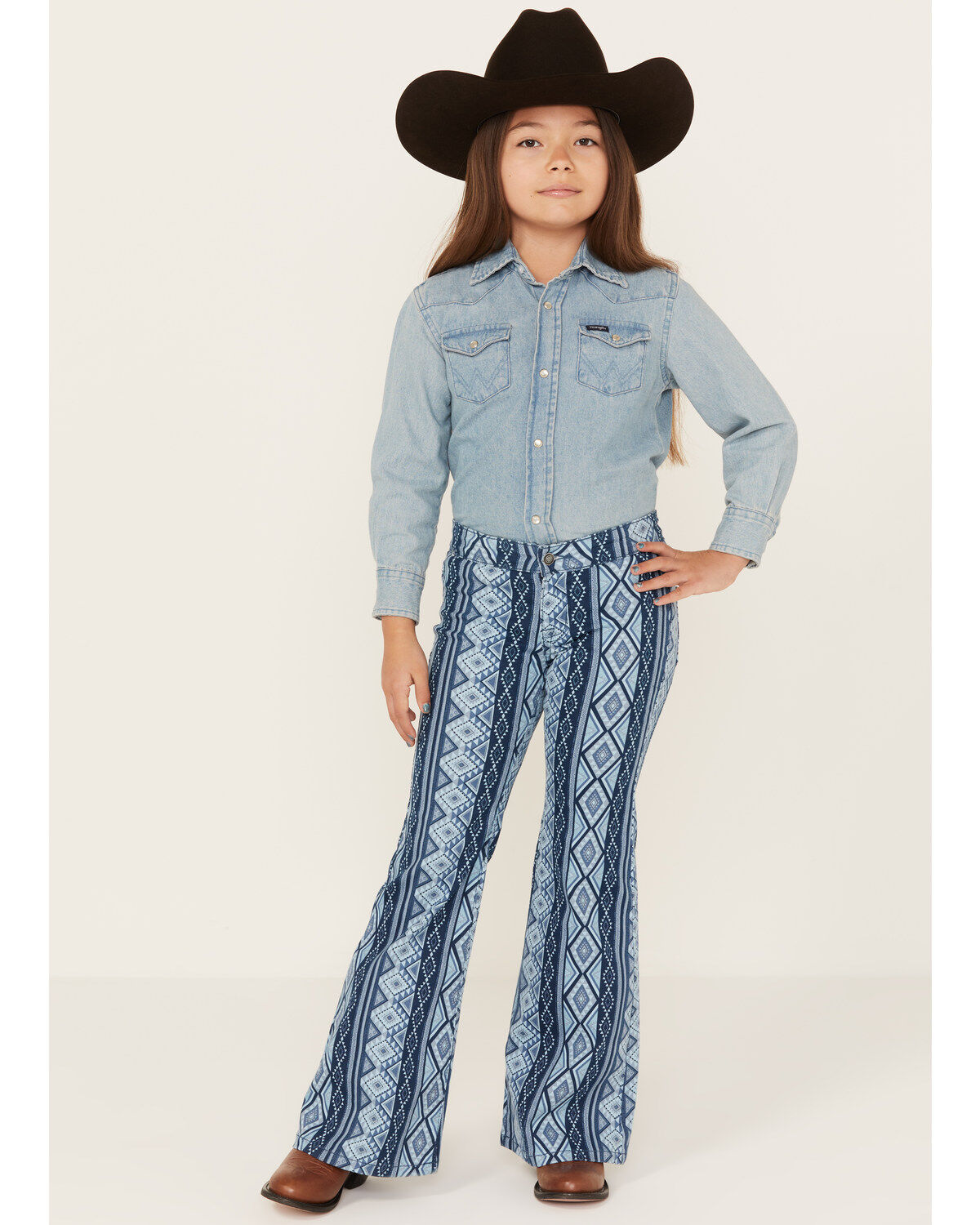 Image #1 - Rock & Roll Denim Girls' Medium Wash Southwestern Print Bargain Button Stretch Flare Jeans, Medium Wash, hi-res