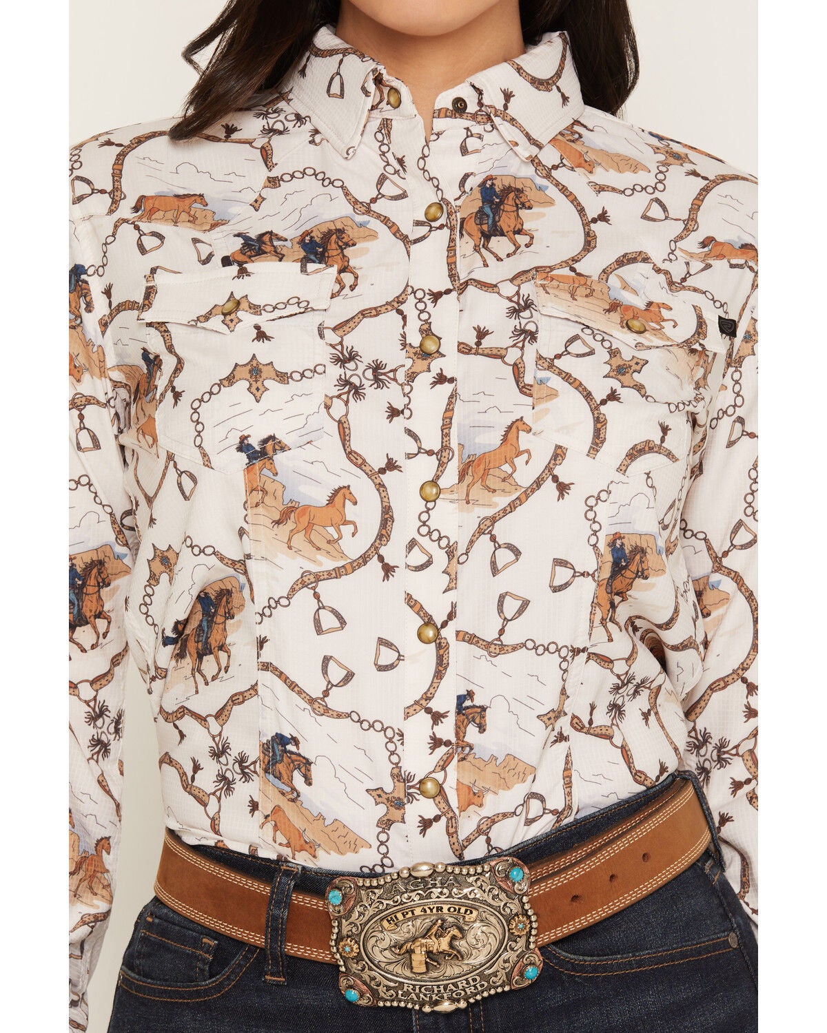 Image #3 - Rock & Roll Denim Women's Stirrup Tek Conversational Print Long Sleeve Snap Stretch Western Shirt, Cream, hi-res