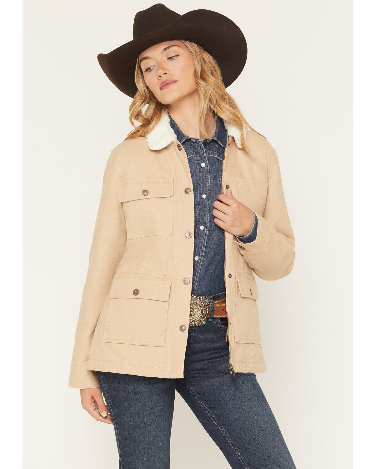 Shyanne Women's Splitcreek Sherpa Lined Stretch Canvas Barn Jacket, Khaki, hi-res