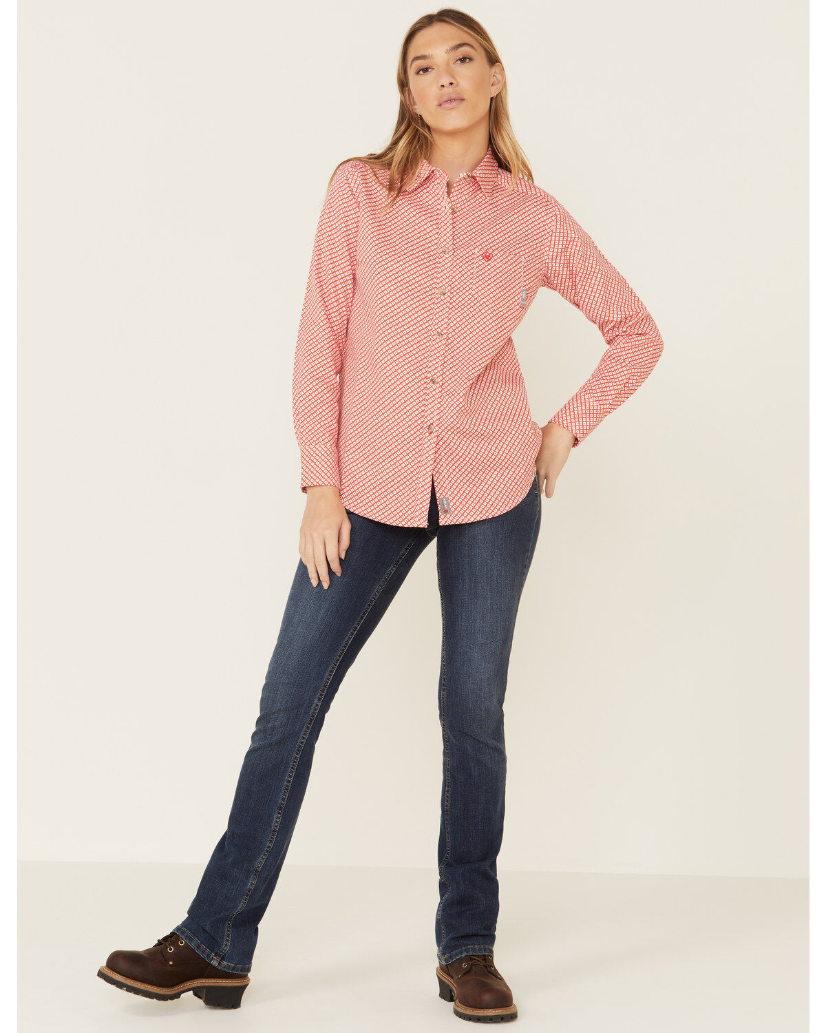 Image #2 - Ariat Women's Boot Barn Exclusive FR Sofia Geo Print Long Sleeve Button Down Work Shirt, Red, hi-res