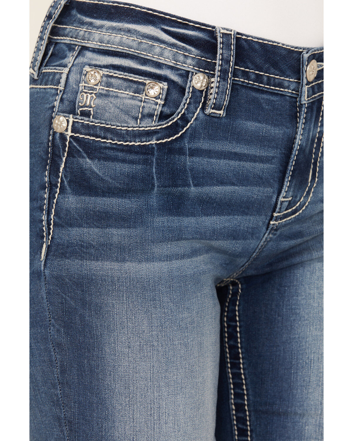 Product Name:  Miss Me Women's Dark Wash Mid Rise Faux Flap Pocket Bootcut Stretch Denim Jeans