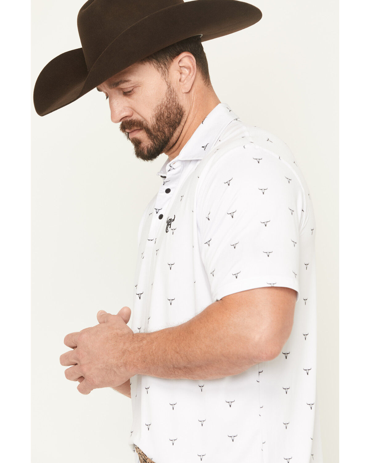 Image #2 - Cowboy Hardware Men's Steerhead Print Short Sleeve Snap Polo, White, hi-res