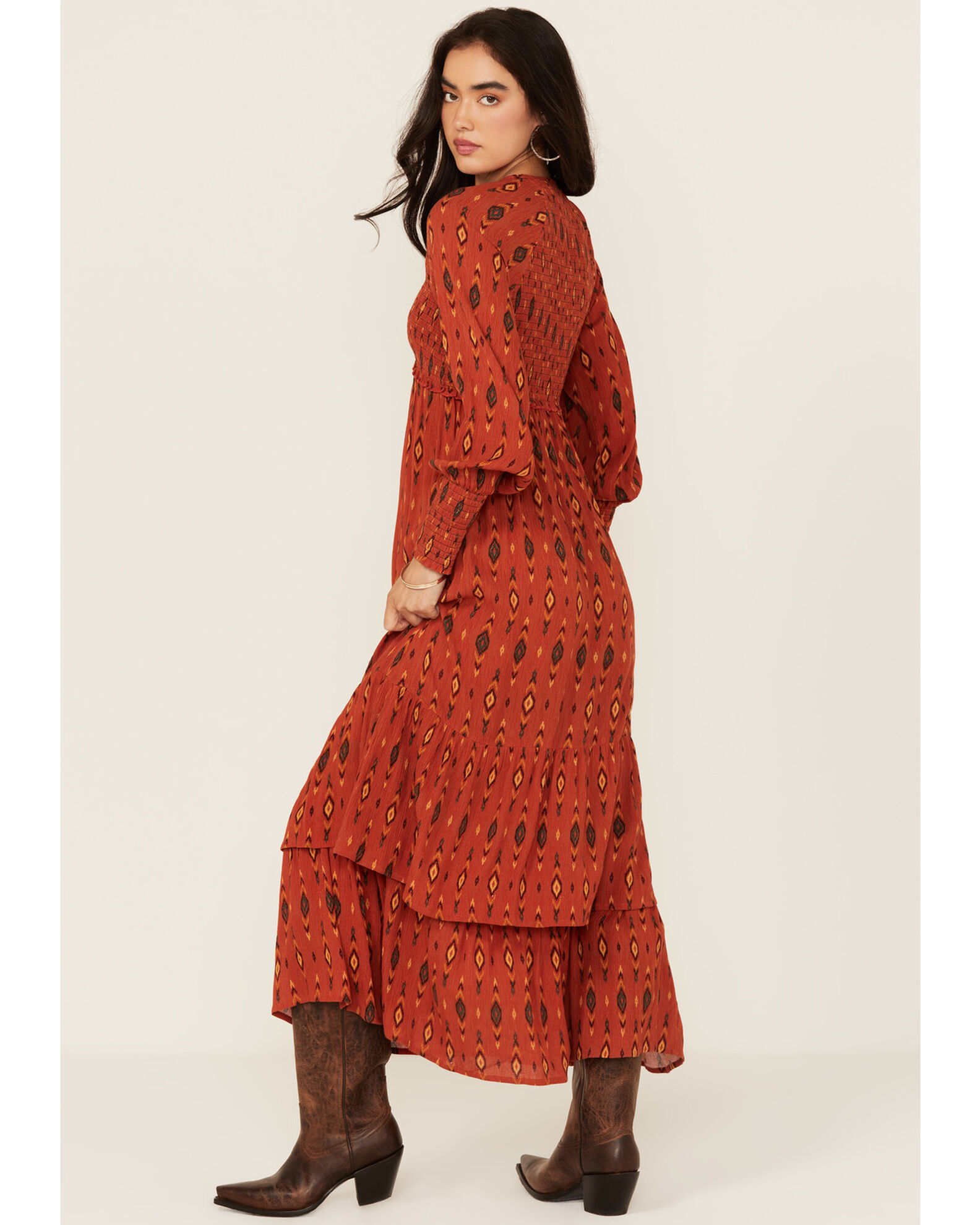 Image #4 - Panhandle Women's Southwestern Print Long Sleeve Midi Dress, Rust Copper, hi-res