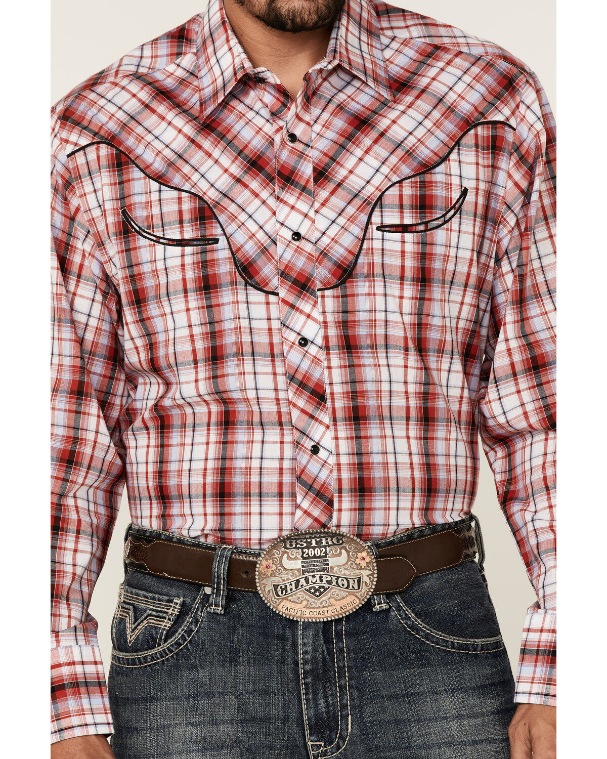 Image #3 - Roper Men's Plaid Print Embroidered Applique Long Sleeve Snap Western Shirt, Red, hi-res