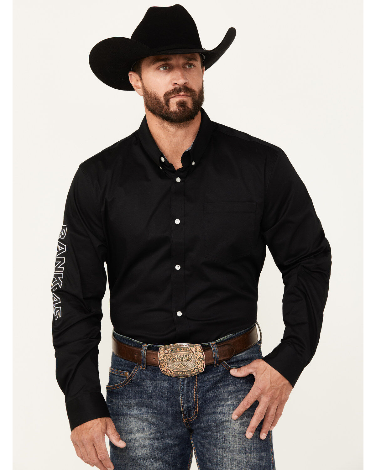 Image #1 - RANK 45® Men's Solid Performance Twill Logo Long Sleeve Button-Down Western Shirt, Black, hi-res