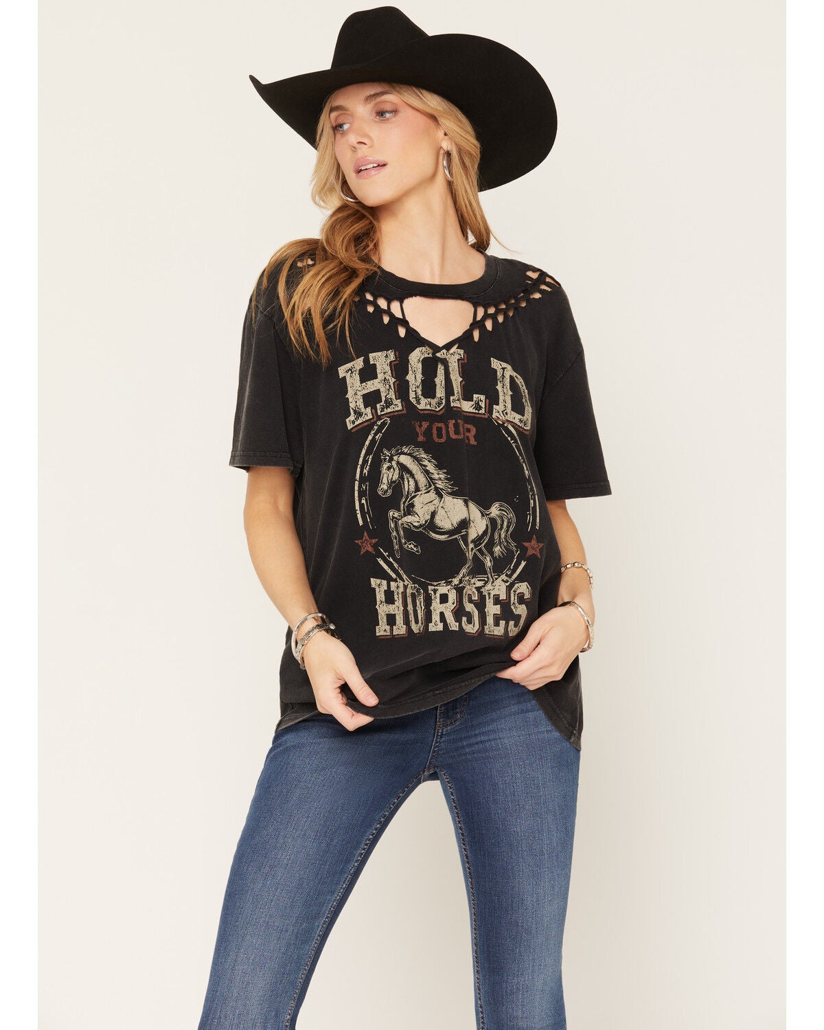Image #1 - Nikxie Women's Hold Your Horses Braided Neck Short Sleeve Graphic Tee, Black, hi-res