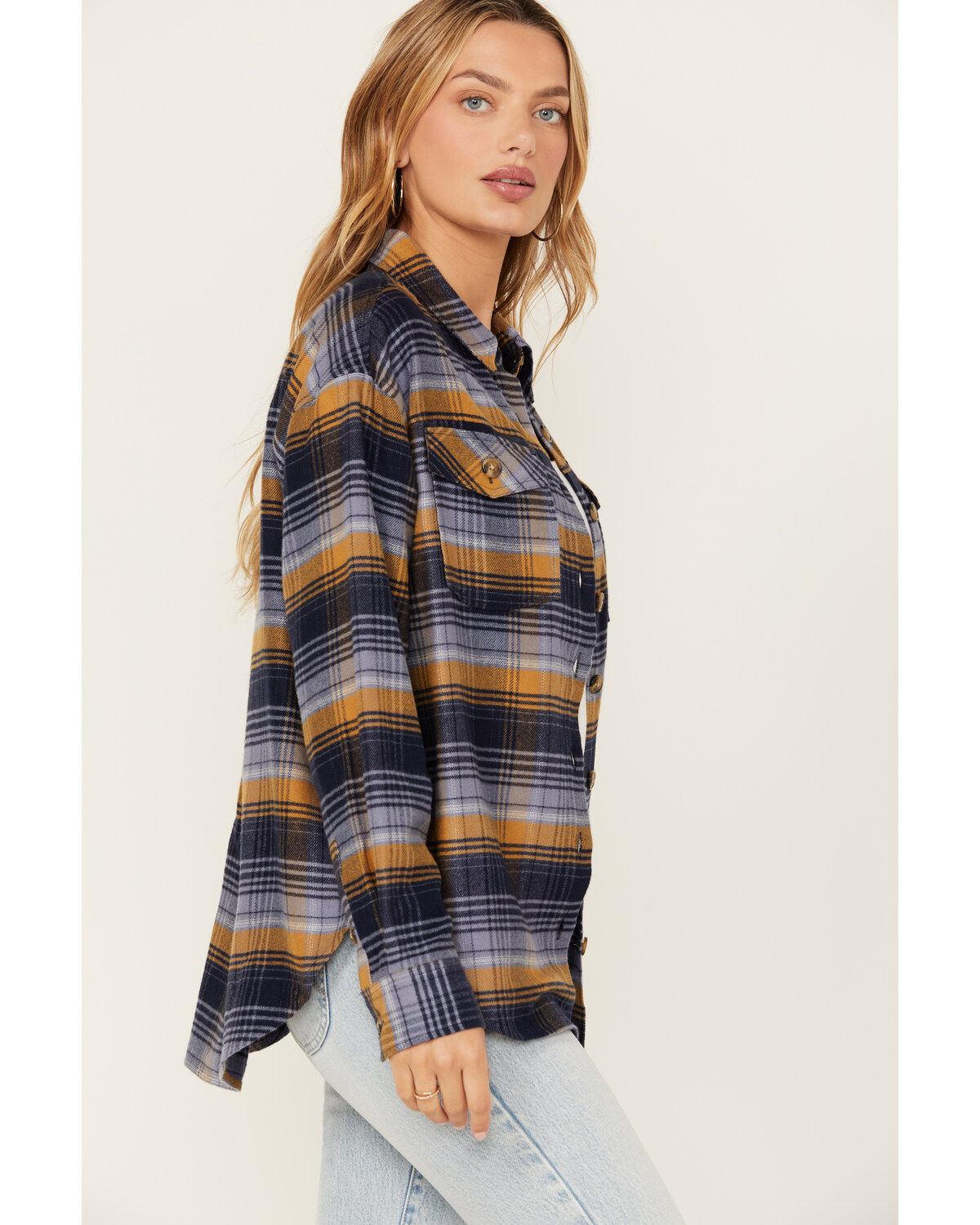 Image #2 - Cleo + Wolf Women's Long Sleeve Button-Down Flannel Boyfriend Shirt, Navy, hi-res