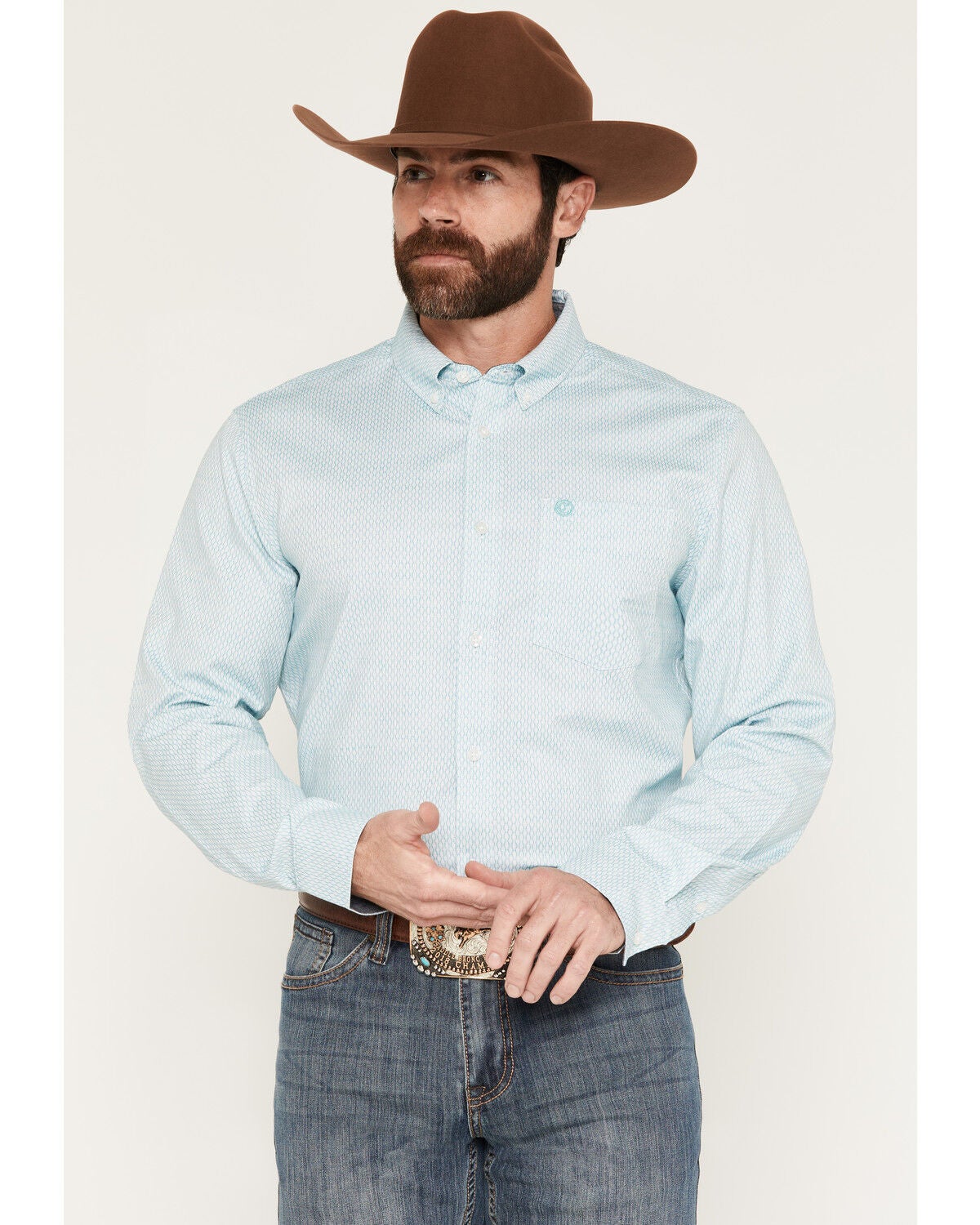 Cody James Men's Trophy Geo Print Long Sleeve Button-Down Stretch Western Shirt, Teal, hi-res