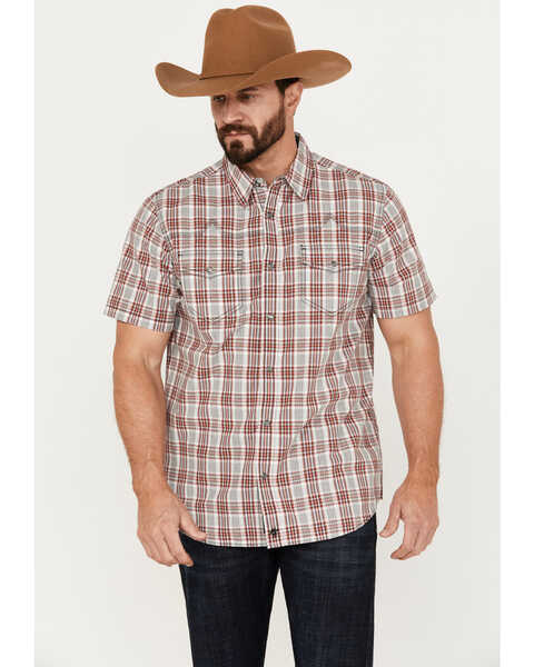 Image #1 - Moonshine Spirit Men's Steel Drum Plaid Print Short Sleeve Western Snap Shirt, Red, hi-res