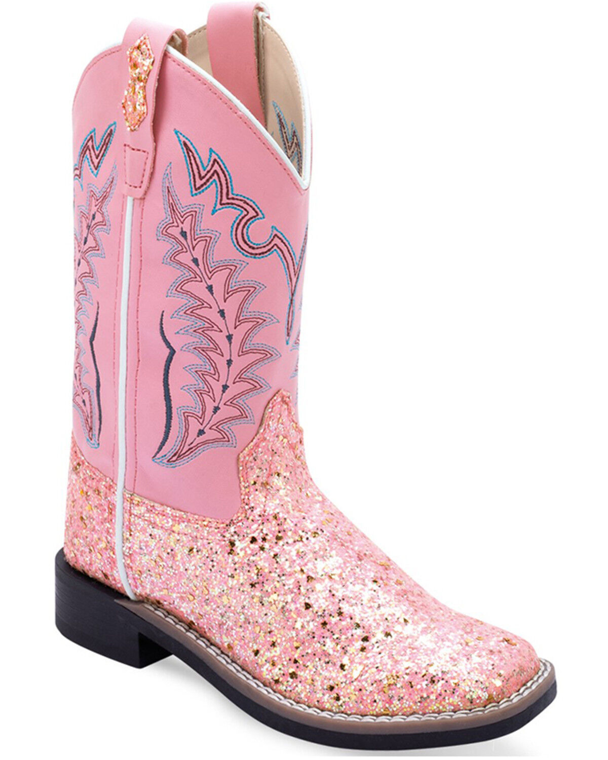 Image #1 - Old West Girls' Fancy Stitch Western Boots - Broad Square Toe, Pink, hi-res