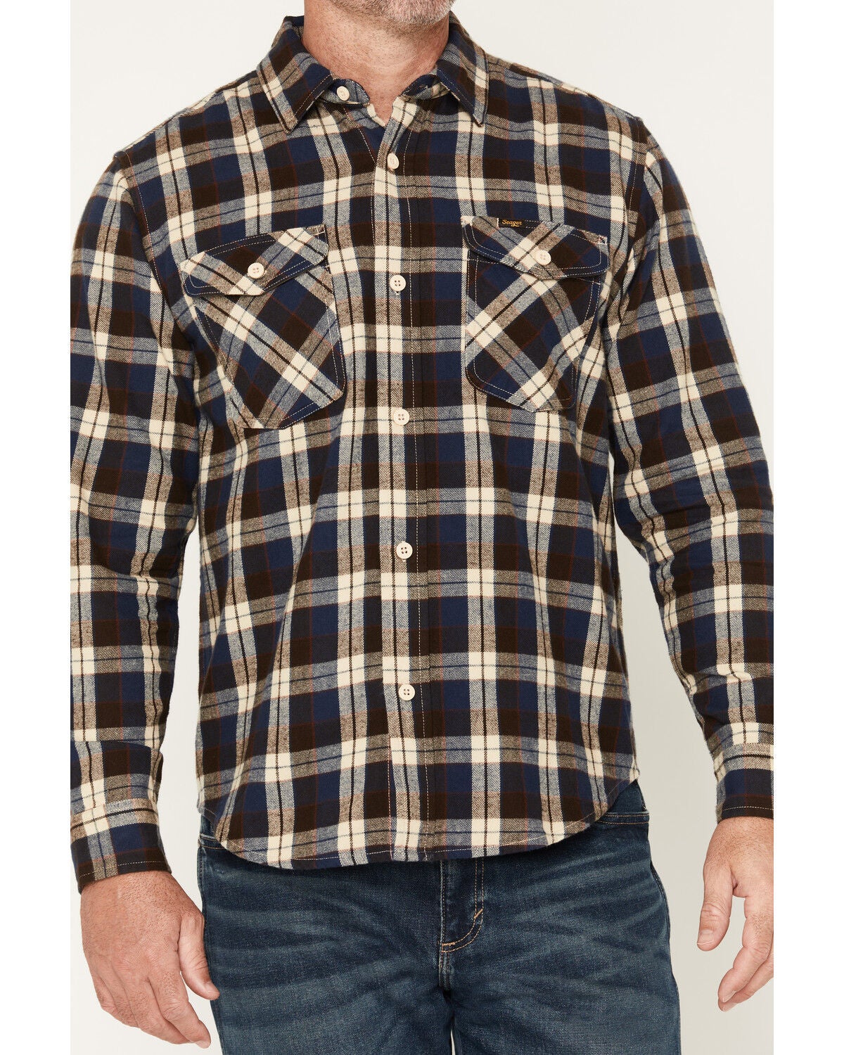 Image #3 - Seager Men's Calico Plaid Print Long Sleeve Button-Down Flannel Shirt, Navy, hi-res
