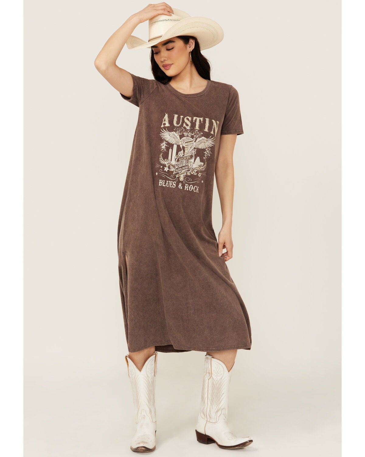 Blended Women's Austin Short Sleeve Graphic Midi T-Shirt Dress, Dark Brown, hi-res