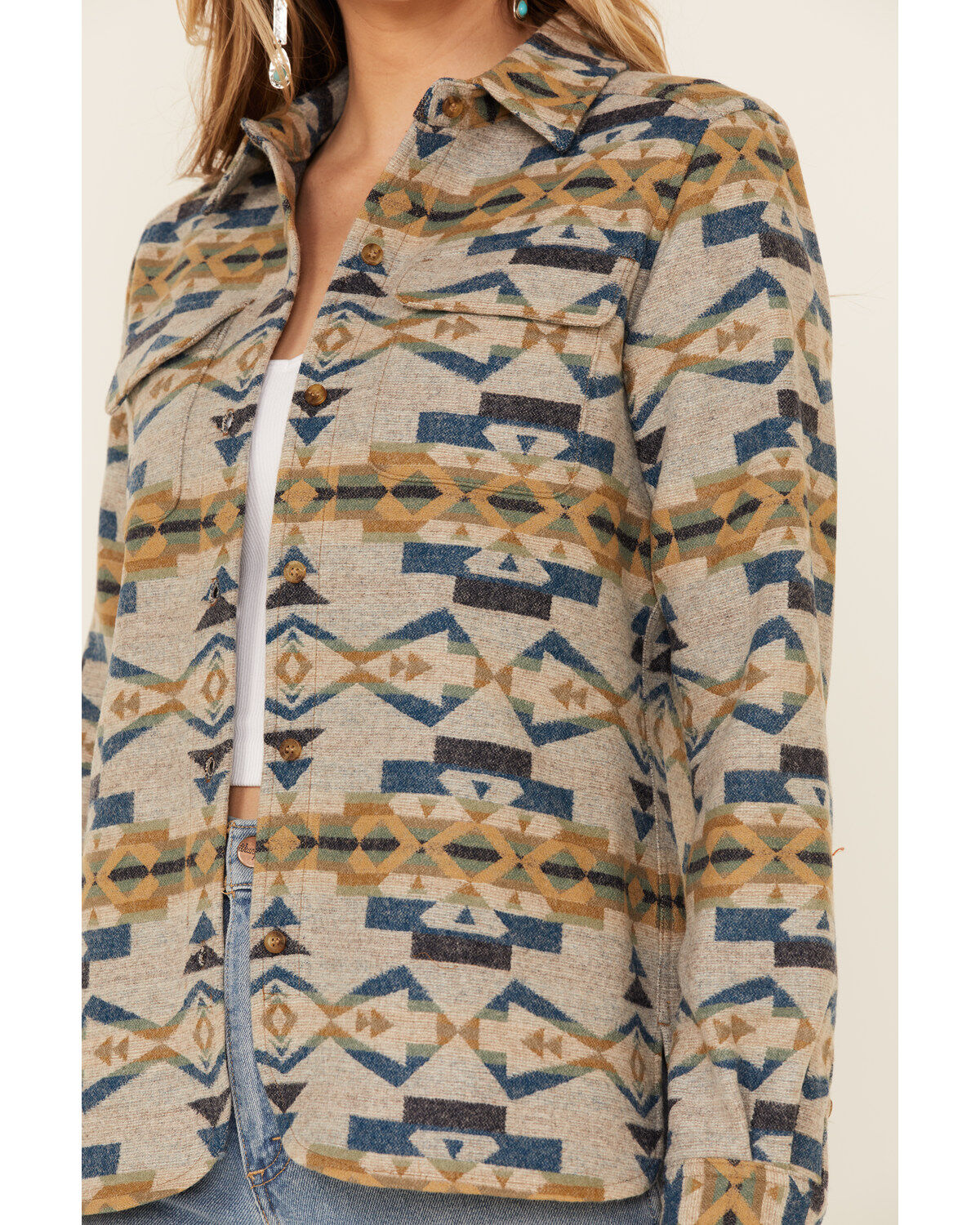 Image #3 - Pendleton Women's Tan Jacquard Board Plaid Long Sleeve Button Shirt Jacket, , hi-res