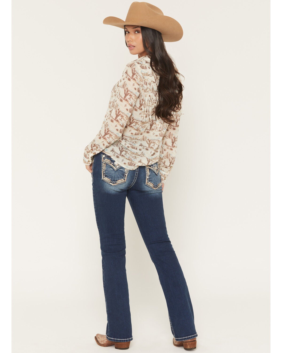 Image #1 - Miss Me Women's Medium Wash Mid Rise Border Pocket 34" Bootcut Stretch Denim Jeans, Medium Wash, hi-res