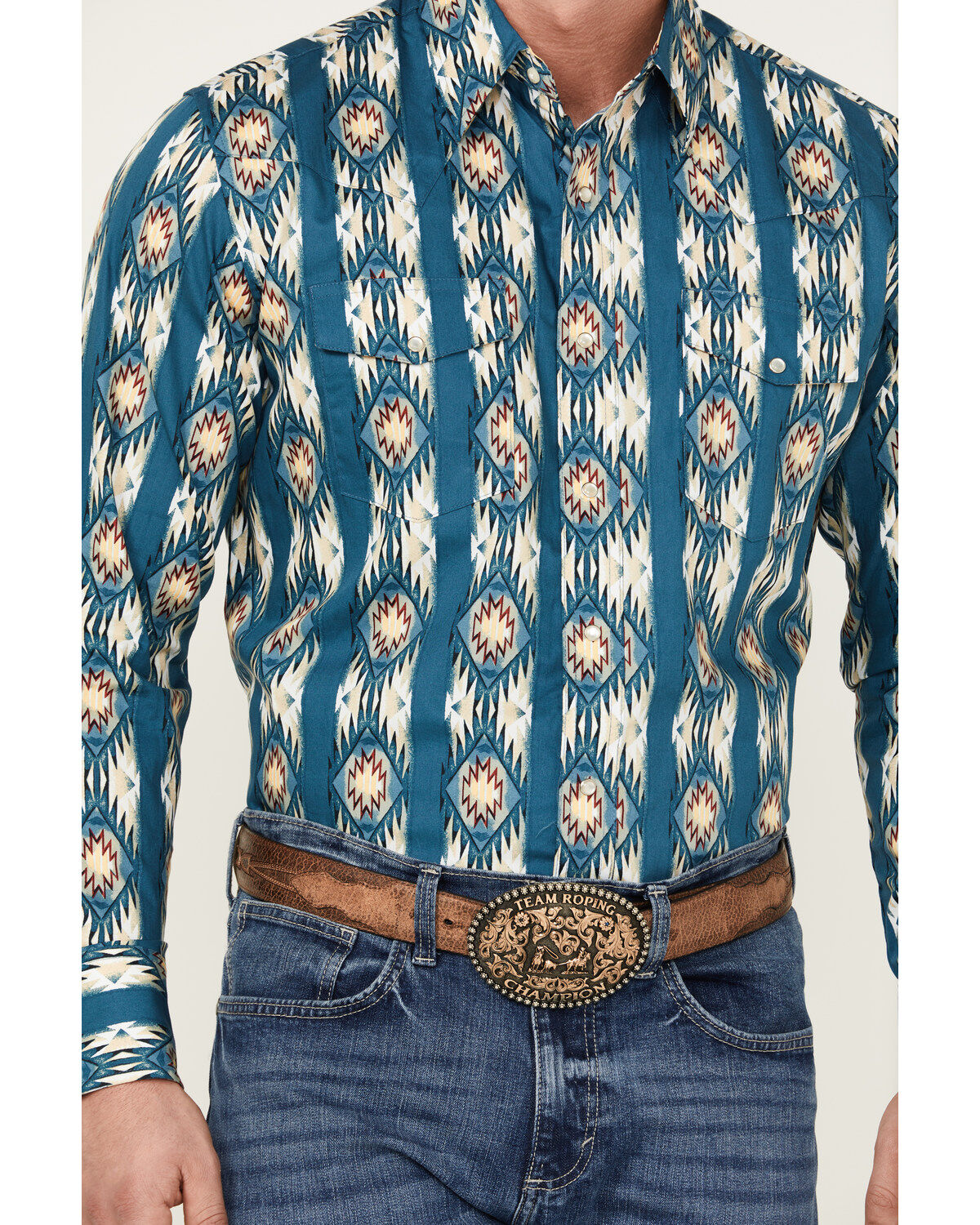 Image #3 - Wrangler Men's Checotah Long Sleeve Pearl Snap Western Shirt - Big, Blue, hi-res