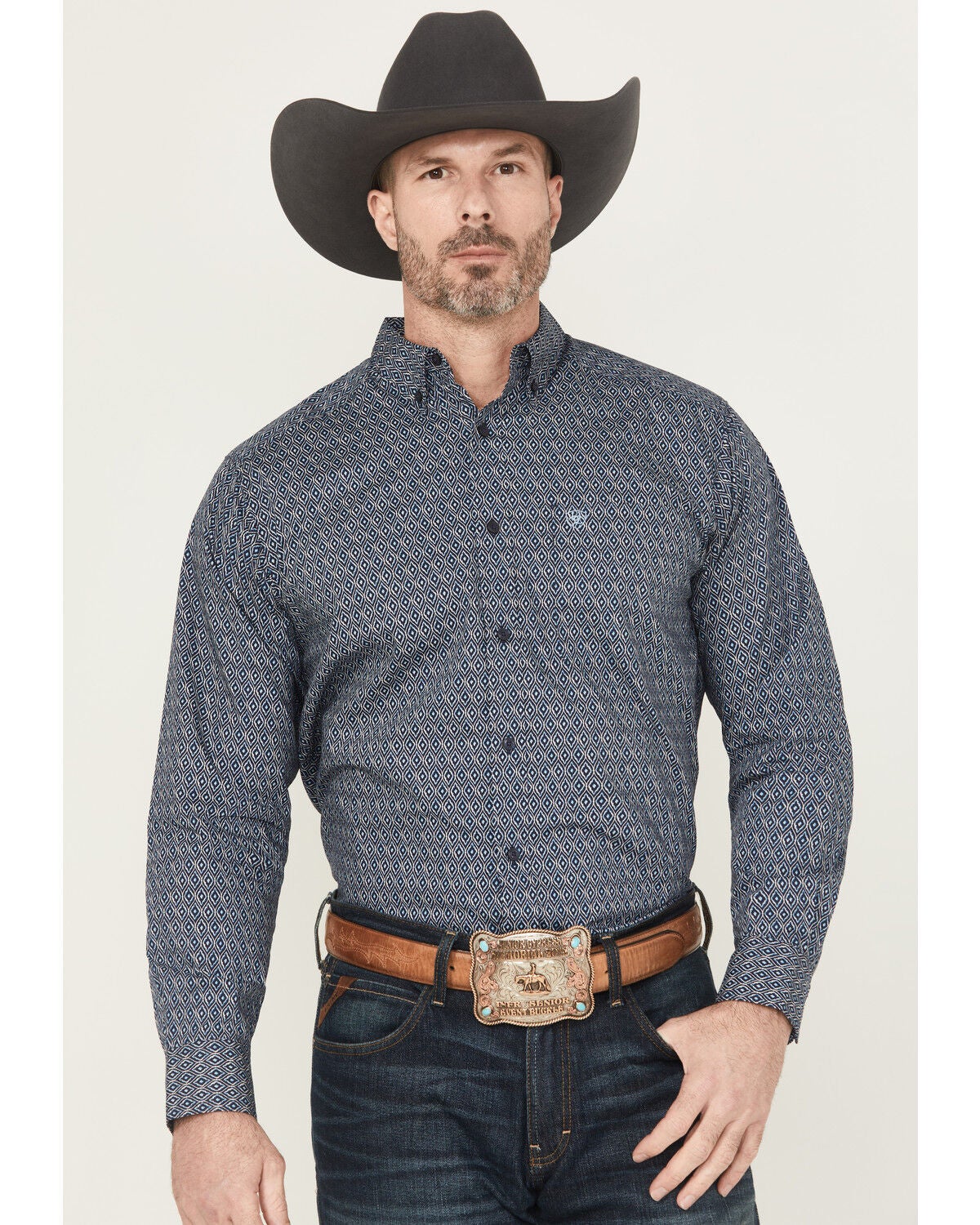 Ariat Men's Colson Geo Print Long Sleeve Button-Down Western Shirt - Big, Navy, hi-res