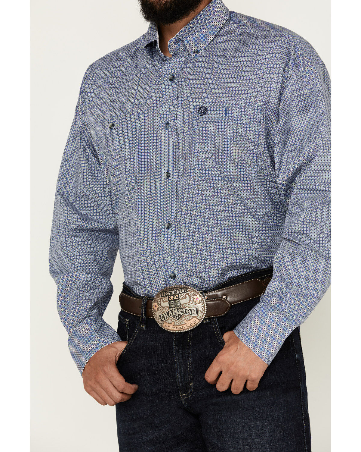 Image #3 - George Strait by Wrangler Men's Geo Print Long Sleeve Button-Down Western Shirt, Blue, hi-res