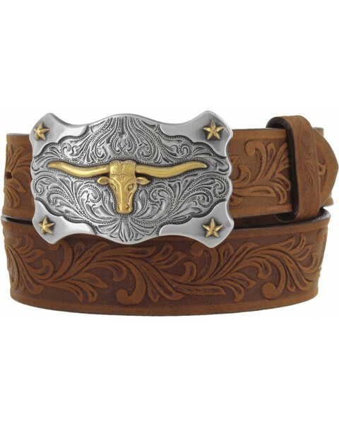 Tony Lama Kid's Leather Floral and Long Horn Belt, Brown, hi-res