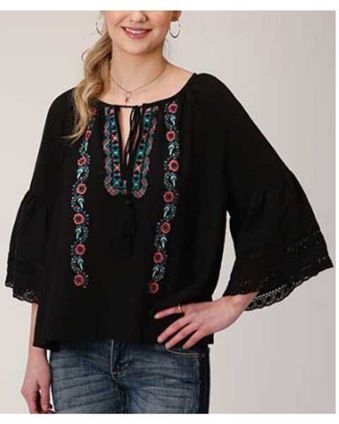 Roper Women's Bell Sleeve Embroidered Peasant Blouse, Black, hi-res